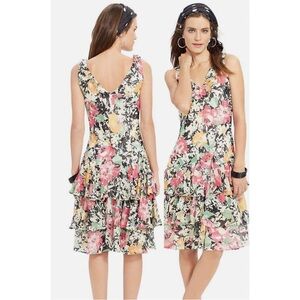 NWT Ralph Lauren Tiered Ruffle Floral Sleeveless Tea Length Dress Pink Size 2
